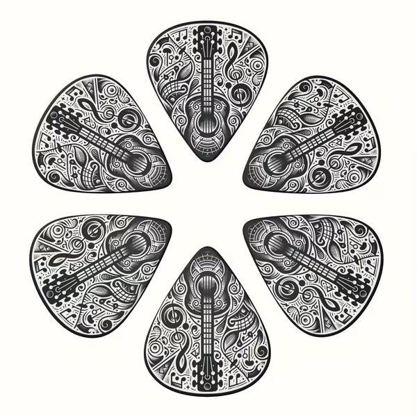 Pack of 6 Black &amp; White Music &amp; Guitar Themed Medium Guitar Plectrums