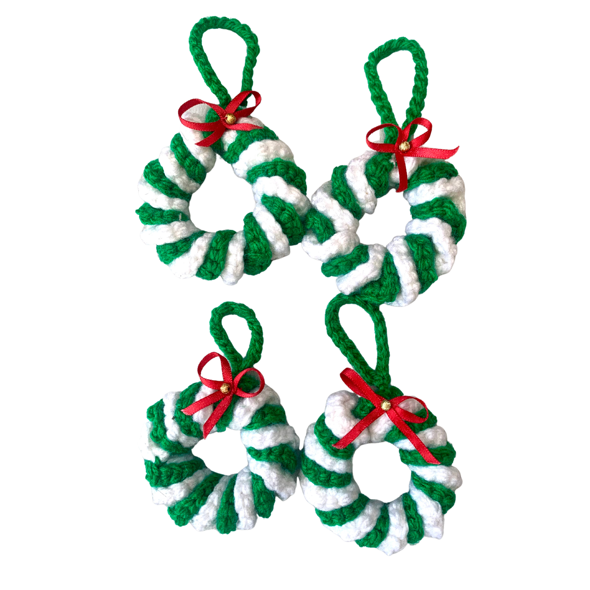 Handmade Green & White Crocheted Mini Christmas Wreaths - Pack of 4
