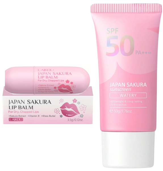 LAIKOU Sakura Sunscreen Lotion &amp; Cherry Blossom Lip Balm Set