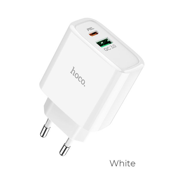 Hoco Dual Fast Charging EU Power Adapter(Type C + USB) -18W- PD + QC 3.0