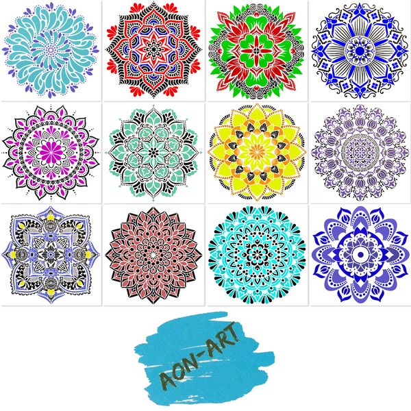 Aon-Art Large Mandala Reusable Stencils – 12 PACK (30cm X 30cm) – Laser Cut