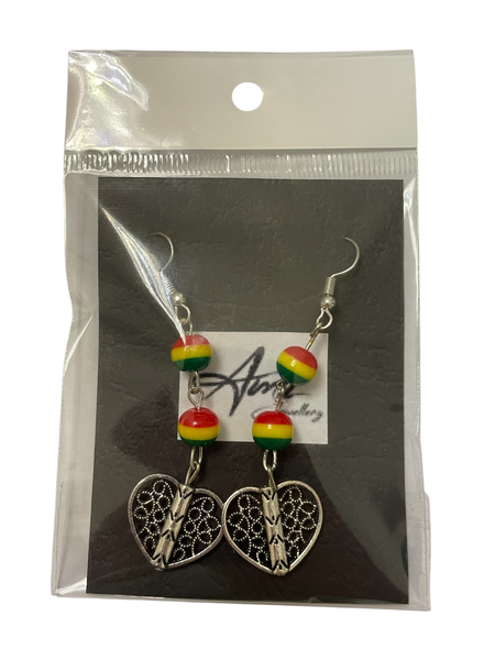 AMZ Jewellery Rasta Beads and Heart Dangle Earrings