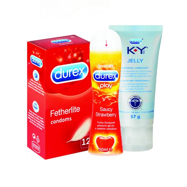 Durex Fetherlite Condoms 12's and Strawberry Lube 50ML and KJ Jel