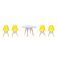 5 Piece Glass Table and Yellow Wooden Leg Chairs