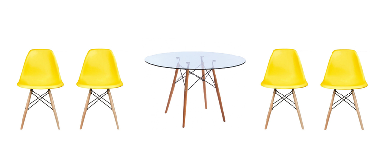 5 Piece Glass Table and Yellow Wooden Leg Chairs