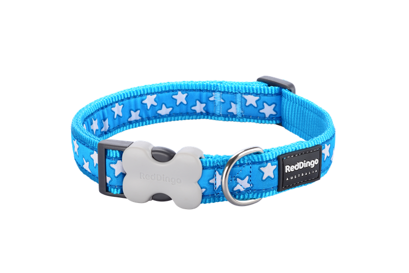 Red Dingo Design Collar - Stars White on Turquoise - Blue XS