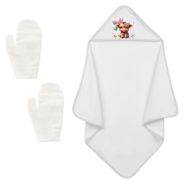 Baby-New Born Towel with Mom and Dad Glove Gift Set-Highland Cow Girl