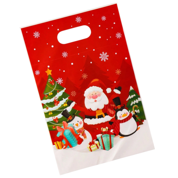 50 Pack - Santa, Penguin &amp; Snowman Design Merry Christmas Gift Bags - Red