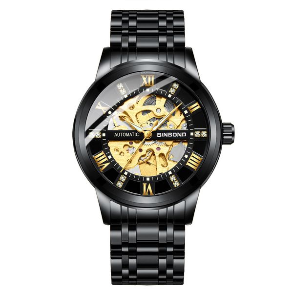 Binbond Men's Skeleton Automatic Watch, Black Stainless Steel