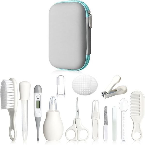 Baby Grooming Kit: Brush, Comb, Clipper, Aspirator, Grey/White