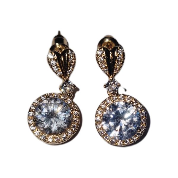 Diamante Cubic Zirconia Earrings Round Drop - Gold