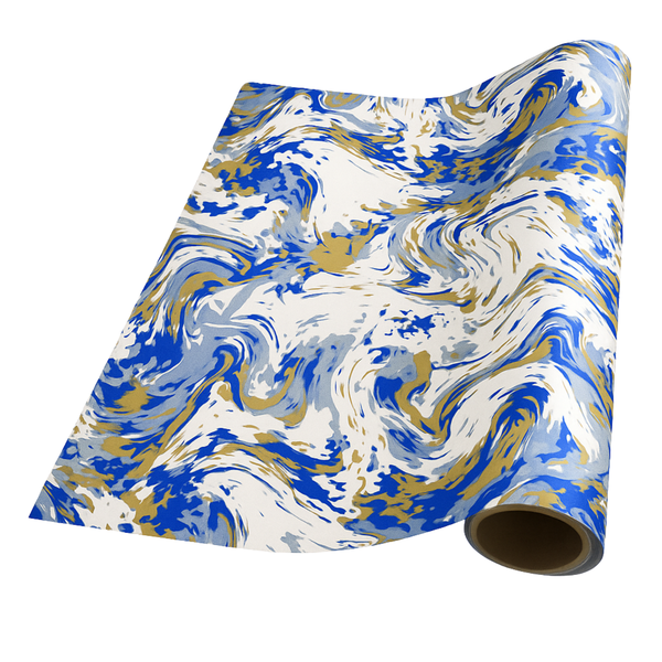 Gift Wrapping Paper 5m Roll - Marble - Blue &amp; Gold Design on White Gloss