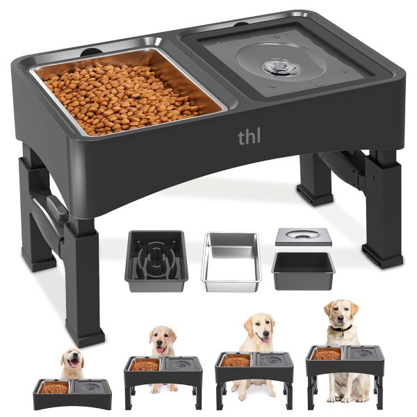 thl 3-in-1 Elevated Dog Bowls, Adjustable Height,Slow Feeder,No Spill Water