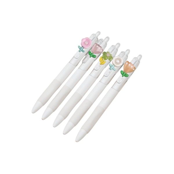 6 Piece - Cute Black Ink Pens With Various Flower Charms - White