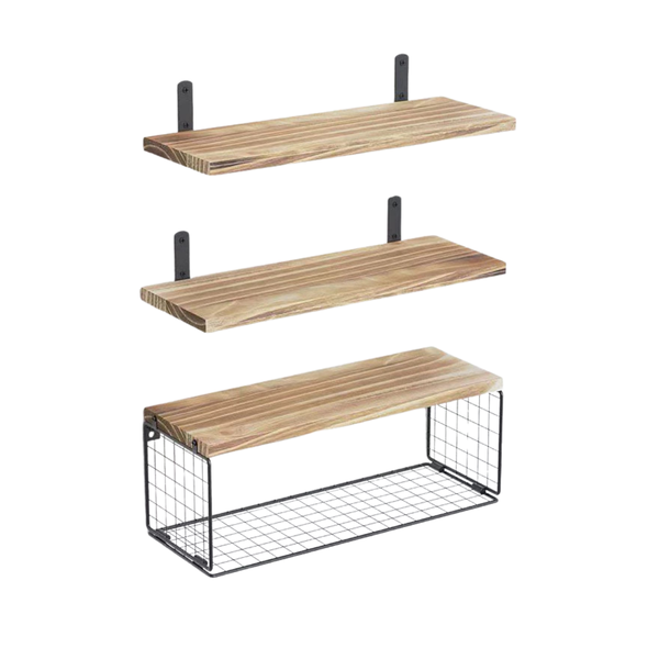 3-Piece Floating Shelf Set with Wire Basket - Natural Wood &amp; Black Metal