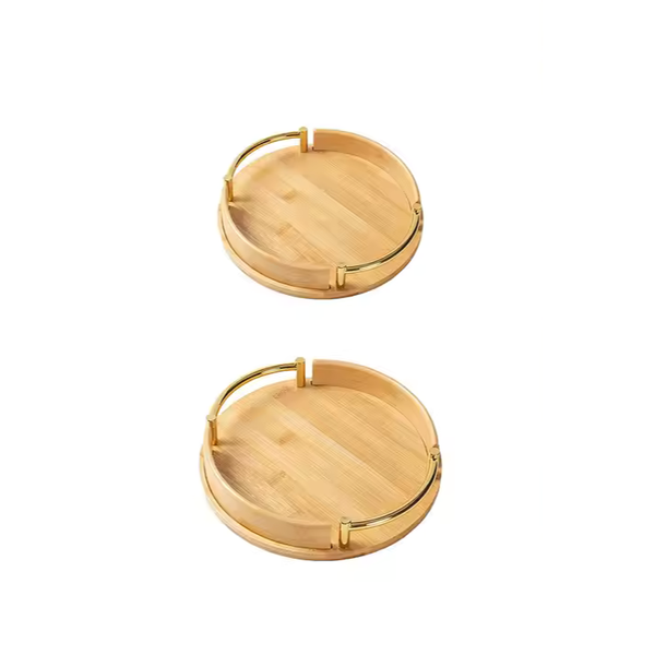 2 Pcs Bamboo Round Serving Tray With Gold Handles- 35cm &amp; 25cm Trays
