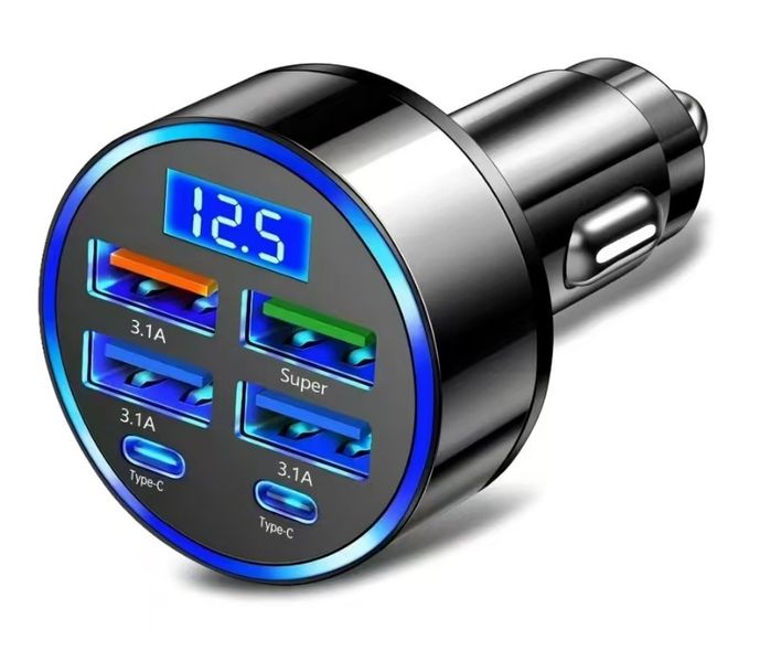 C9 Car Charger: 2Type-C + 4USB Digital Display (Black, OPP Bag)