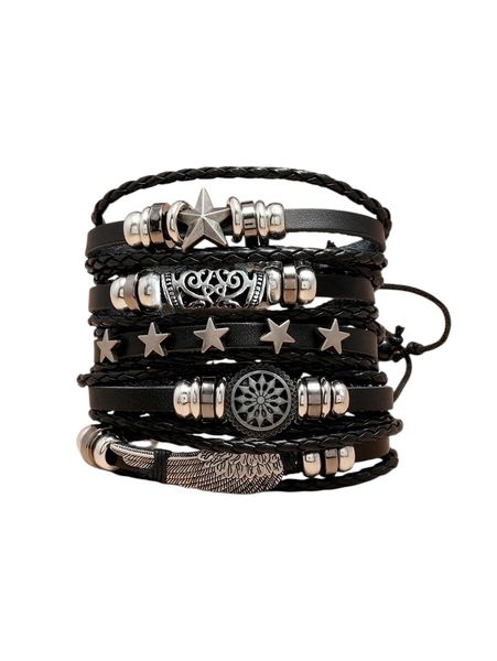 Punk Rock Black Leather Multi-Wrap Bracelet