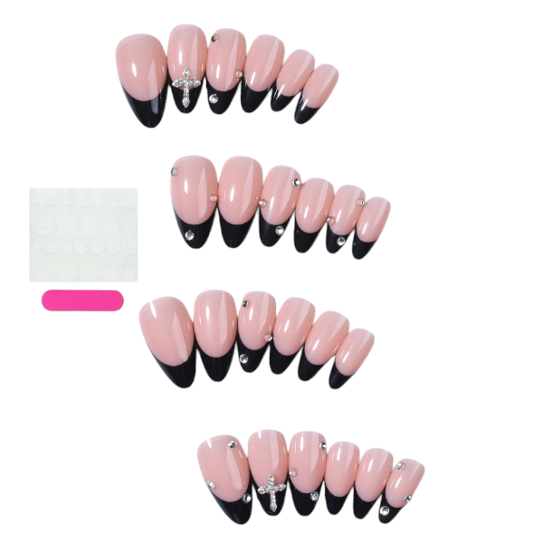 24 Pieces French Tip Press-On Nail Set with Crystal Accents - Black &amp; Pink