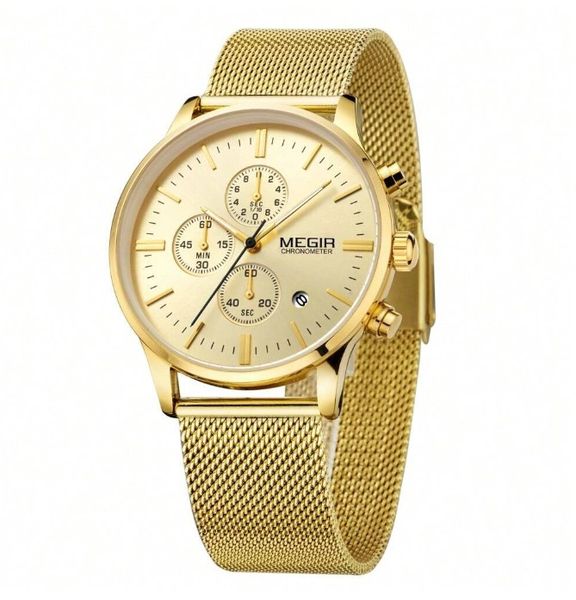 MEGIR - Chronograph Quartz Watch With Stainless Steel Mesh Strap - Gold
