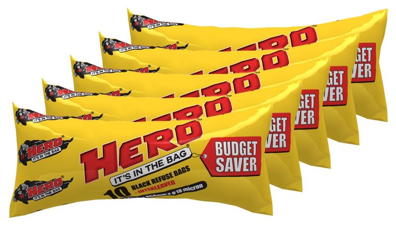 Hero Budget Saver 5 Pack - 5 x 10 Interleaved Black Refuse Bags - 18 Micron