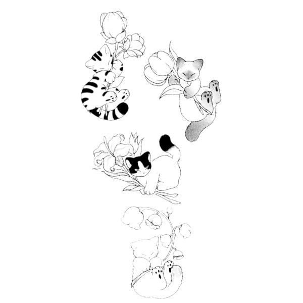 Cute Cat Hugging Flowers Temporary Tattoos - Black