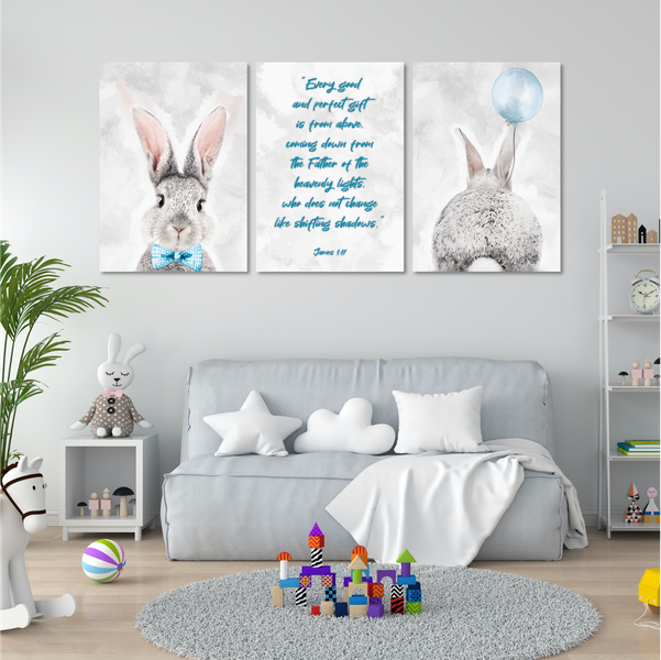 Blue Bunny with Bible Verse - A2 - Canvas (2.5cm ) -Set Of 3