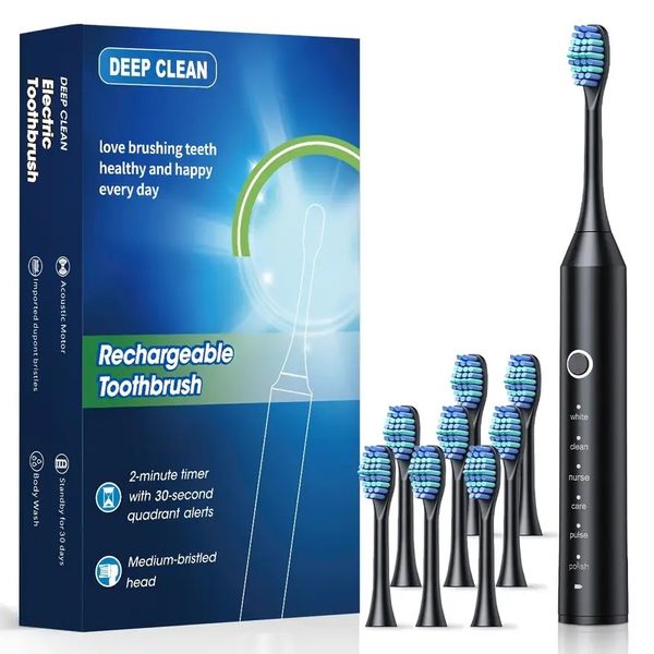 Rechargeable Electric Toothbrush W/ 8 Brush Heads 6 Cleaning Modes