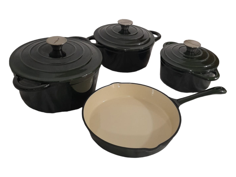 SMTE- 7 Piece Authentic Cast Iron Dutch Oven Cookware Pot Set - Dark Green