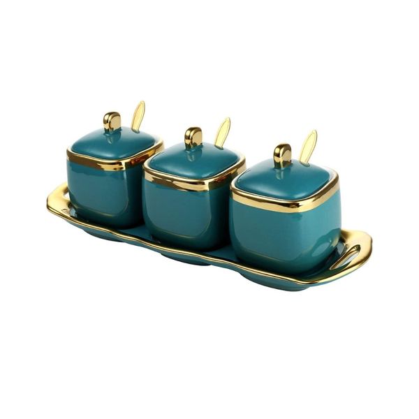 Pruchef Set of 3 Emerald Glaze Sugar Jar Container with Lids - Dark Green