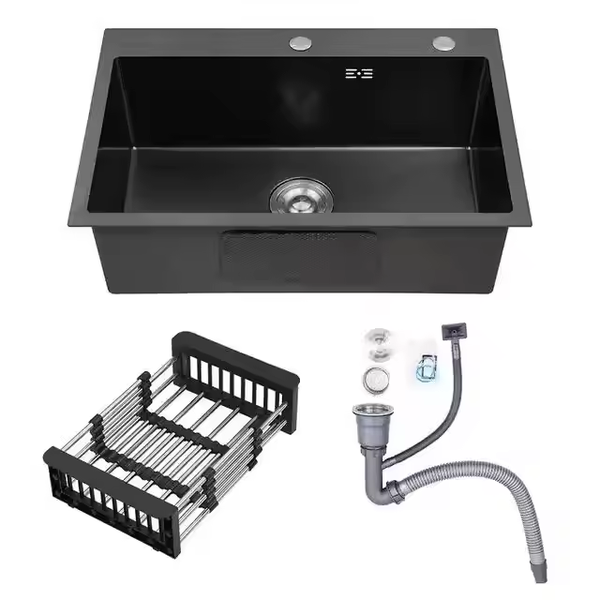 Black Single Kitchen Sink With Downpipe And Drain Basket - 60X45 CM