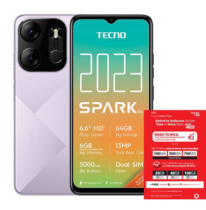 TECNO Spark GO 2023 64GB Dual Sim - Nebula Purple + Vodacom SIM Card Pack