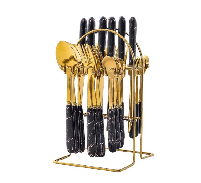 24pcs Gold Dinnerware Flatware Set with Marbled Ceramic Handle &amp; Holder