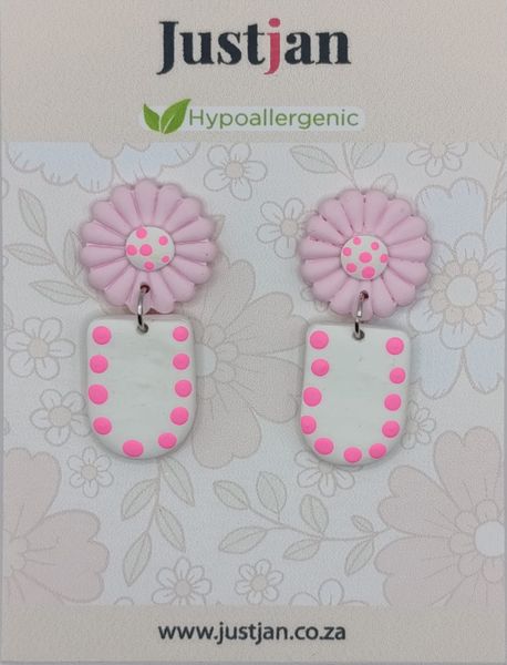 Pink Daisy &amp; Polka Dot Design - Justjan Handmade Polymer Clay Earrings