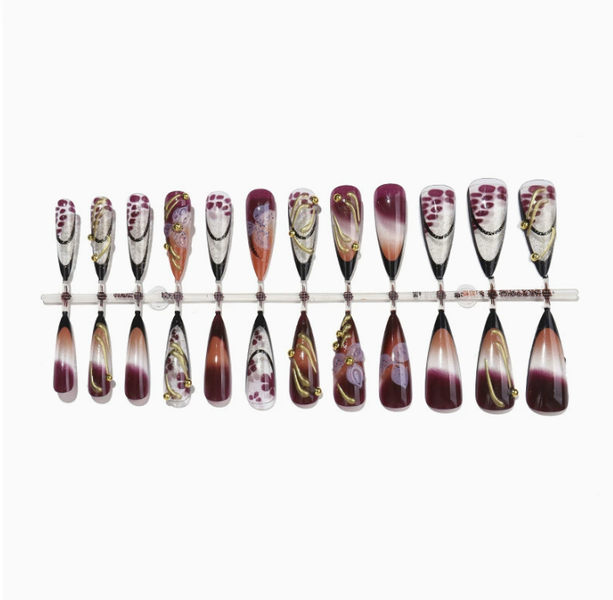Salon Quality Reusable Handmade Gel Press-On Nails - Almond - Berry Blossom