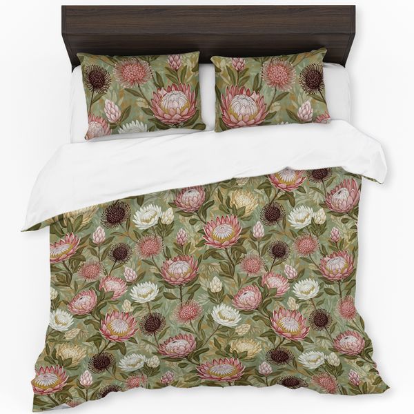Pink &amp; White Proteas On Green Duvet Cover Set image