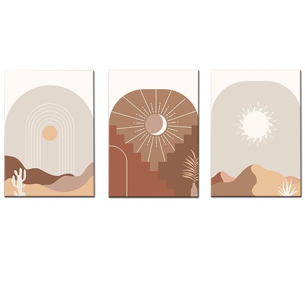 Canvas-Art-3 Pieces Sun&amp; Moon Dessert Landscape Boho Abstract Wall Art