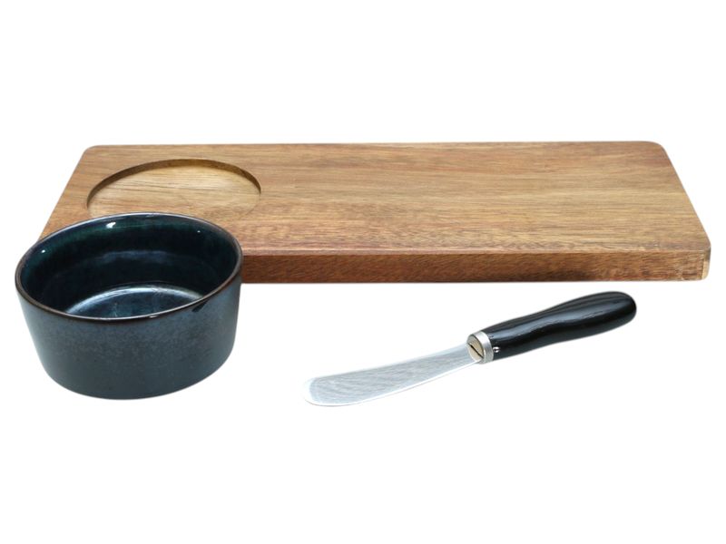 Excellent Housewares 3-Piece Set Black Ceramic Bowl with Spreader &amp; Acacia Tray