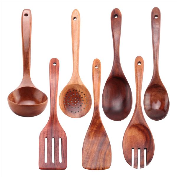 7 PCS Teak Wooden Kitchen Cooking Utensils, Non-Stick Spoons and Spatula Co