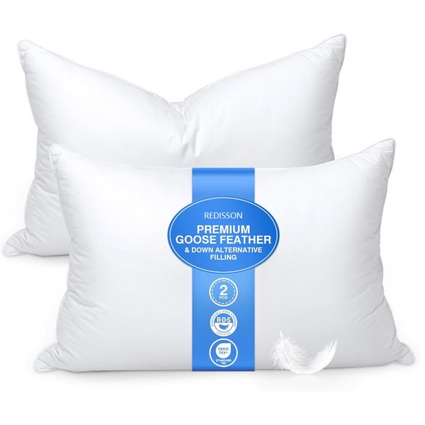 Feather Pillows Queen Size Set of 2 - Goose Down Hotel Bed Pillow for Sleep