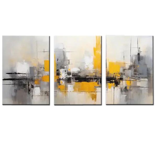 Canvas- Art - 3 Pieces White , Yellow &amp; Grey Abstract Canvas Wall Art Decor
