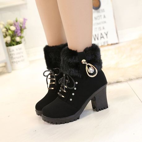 Women's shoes chunky hot sale heel fur lined boots