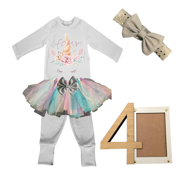 4th Birthday - Unicorn Tutu Outfit With Headband And Photo Frame