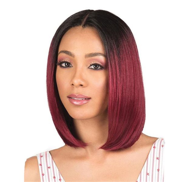 Ladies Short Straight Hair Black Gradient Red Mid-Point Bobo Head Wig