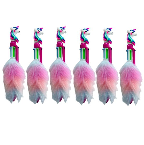 Retractable 6 Colours Pen - Fluffy Unicorn (Pack of 6)