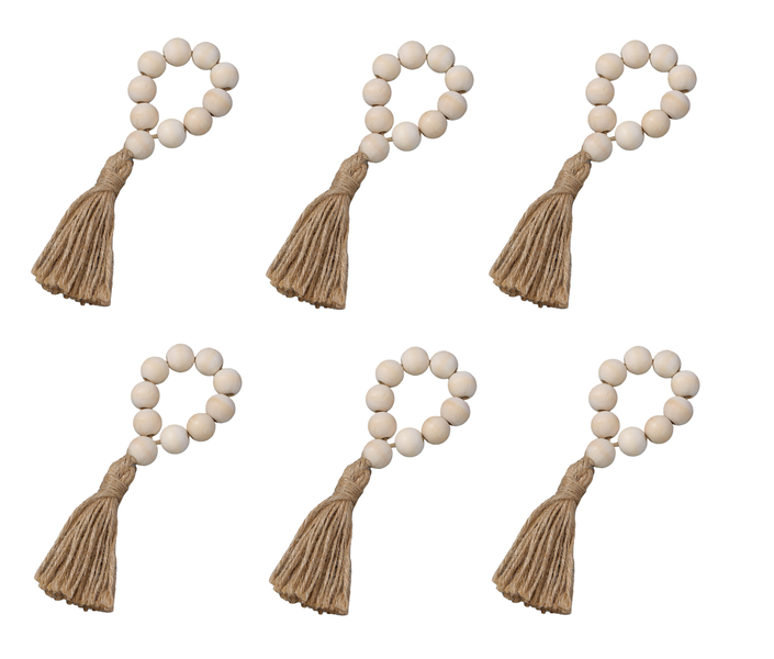 Wooden Round Bead and Tassel Napkin Rings 6 piece