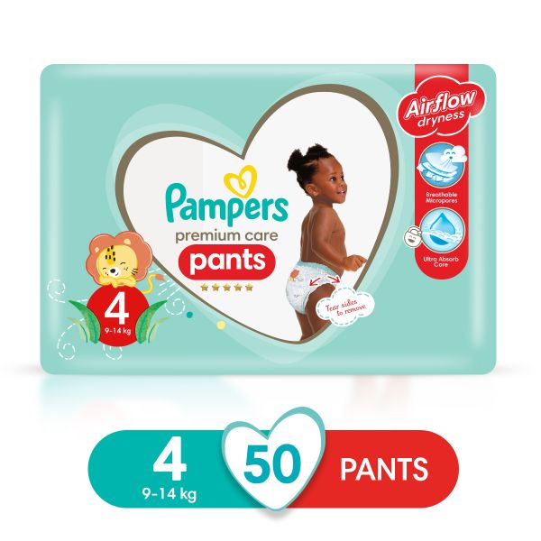 Pampers Premium Care Pants Size 4 (9-14kg) 50 Nappies, Airflow Skin Comfort
