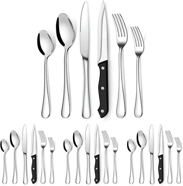Silver 24-piece Stainless Steel Flatware Set with Steak Knives, Food Grade For 4