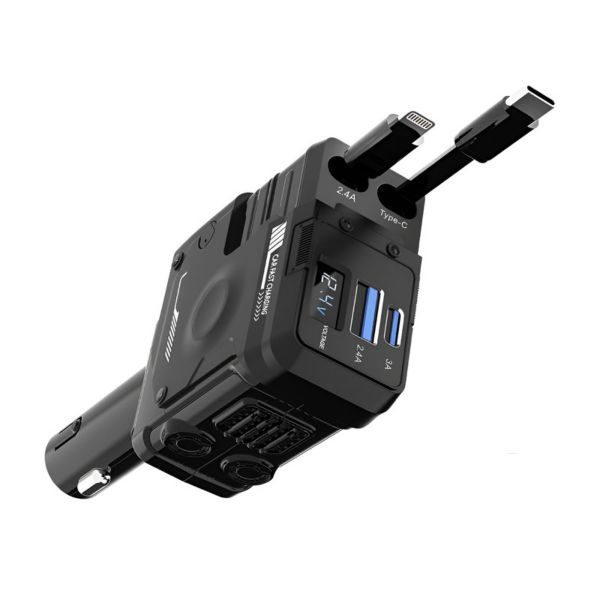 66W Retractable Car Charger 4-in-1 Fast Charging with C Type &amp; Lightning