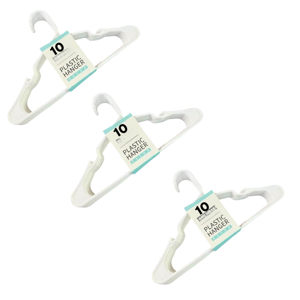 Classic White Plastic Clothes Hangers, Non-Slip - 40.5 x 0.5cm - 30 - Piece